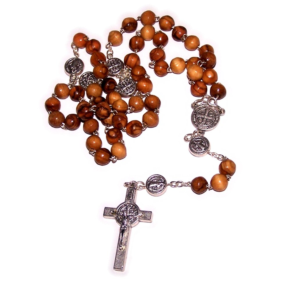 Olive wood Rosary with Silver Tone Saint Benedict center and beads - Organza ...、mySite、topwebapps