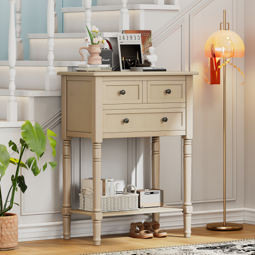 TREXM Narrow Console Table, Slim Sofa Table with Three Storage Drawers and Bottom Shelf (Ivory White)、、casual
