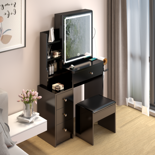 29.2" Small Size Left Bedside Cabinet Vanity Table + Cushioned Stool, Large Sliding, Touch Control, Tri-color Switching, Brightness Adjust LED Mirror, High Capacity Storage, Suitable for Small Space、、xpatfood