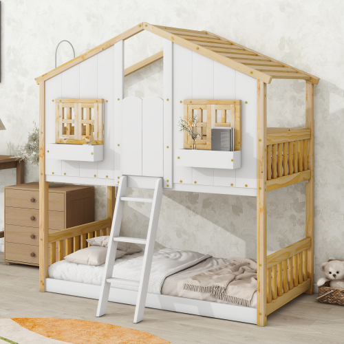 Twin over Twin House Bunk Bed with Roof , Window, Window Box, Door , with Safety Guardrails and Ladder,White、、casual