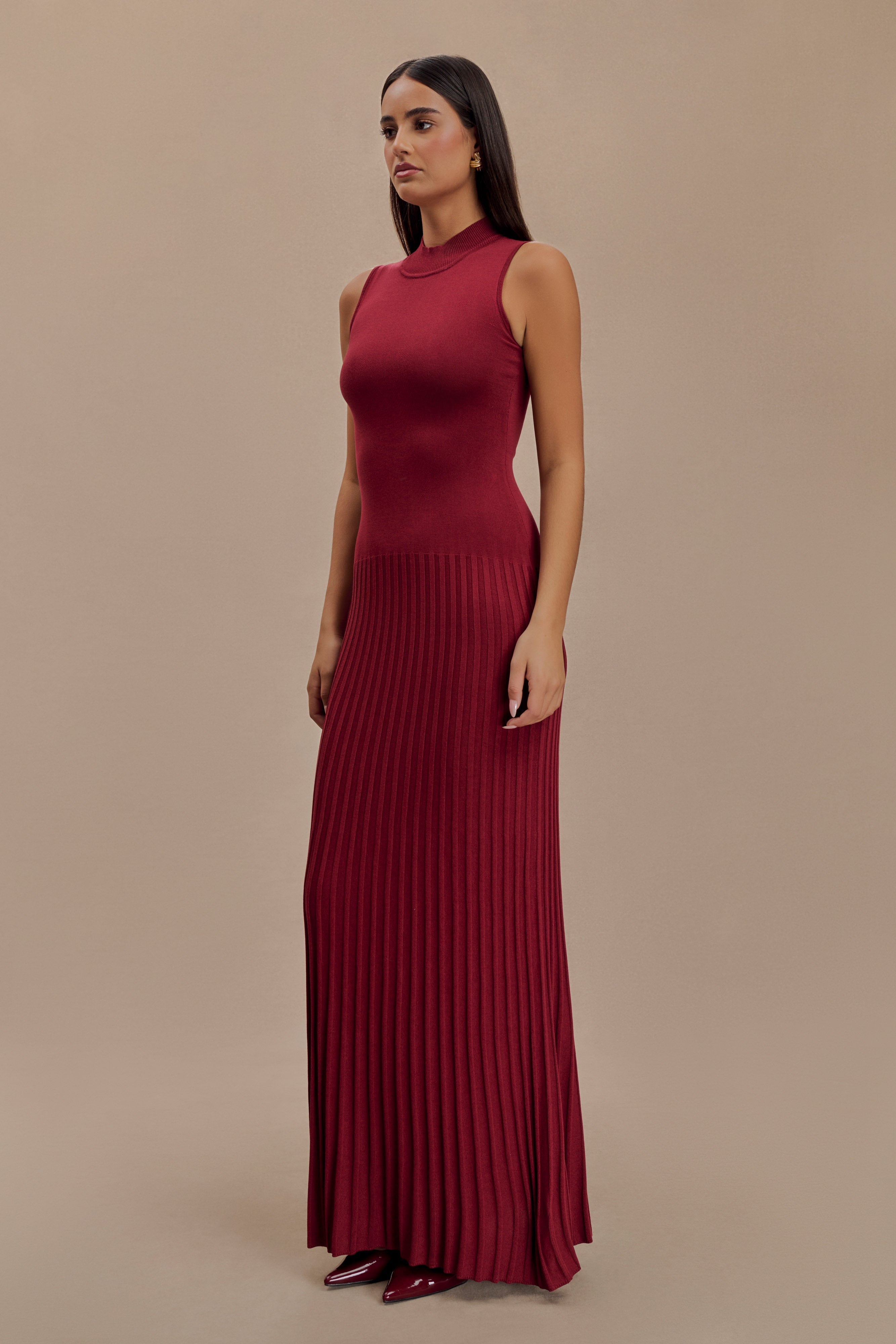 Mavis High Neck Pleated Maxi Dress - Mahogany、mySite、solidvoid