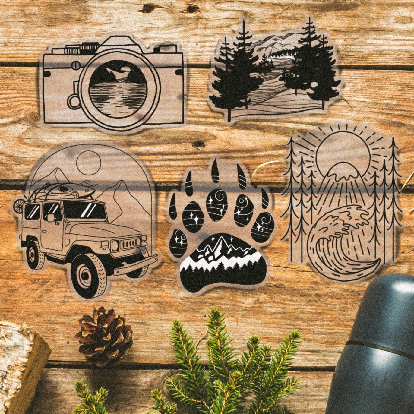  Nature Camping Black & White Clear Stickers 5 Pack、mySite、ghnorth