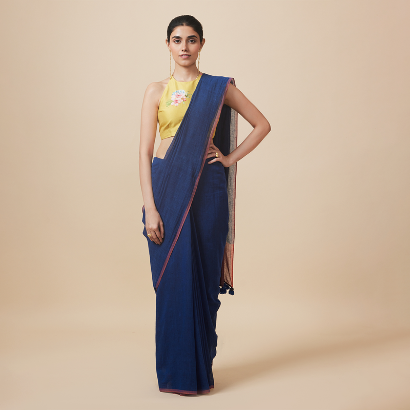 Cotton Solid Saree with Blouse | Dark Blue、mySite、camillekostekn