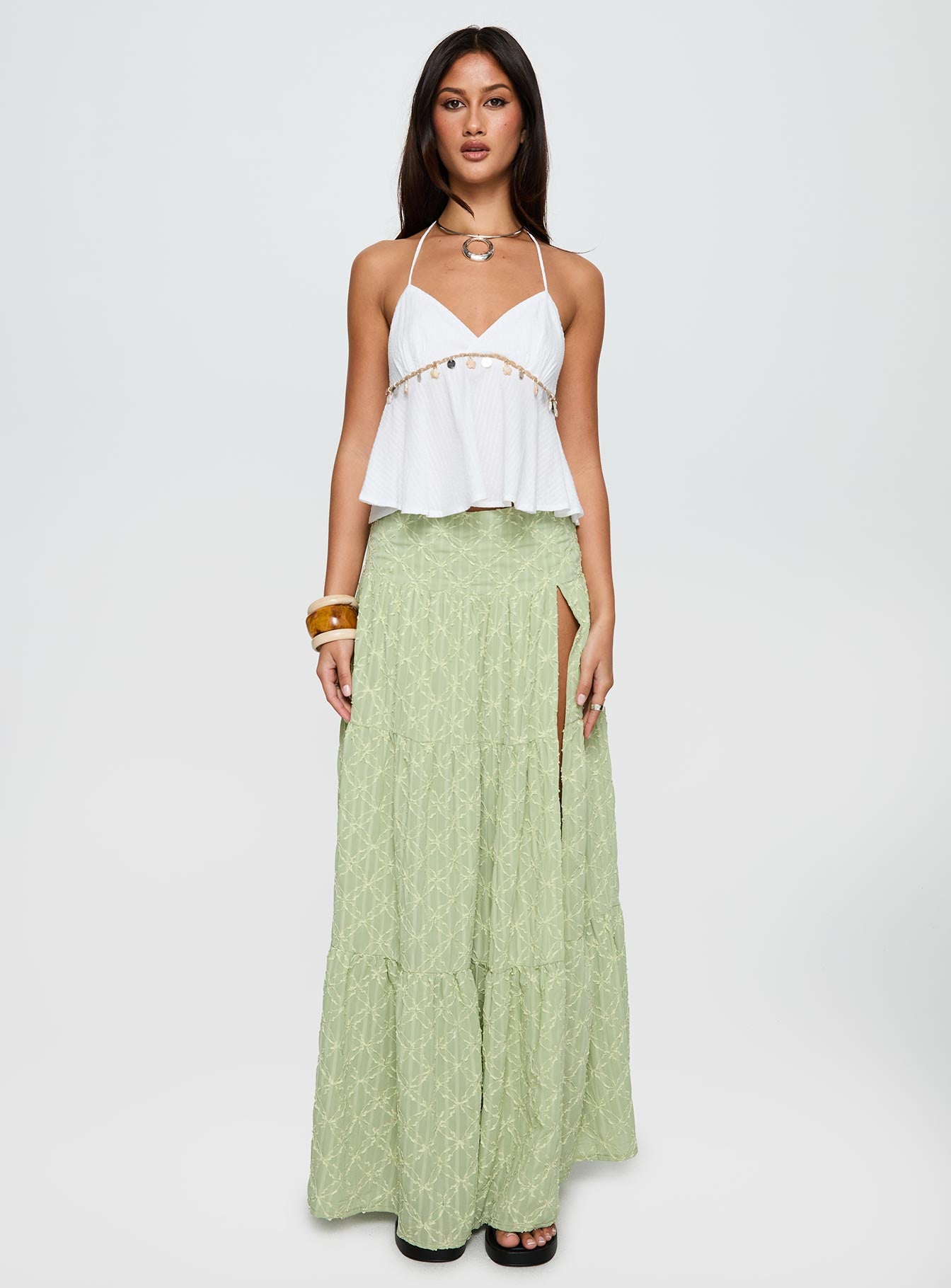 Silver Soul Embroidered Maxi Skirt Sage、mySite、solidvoid