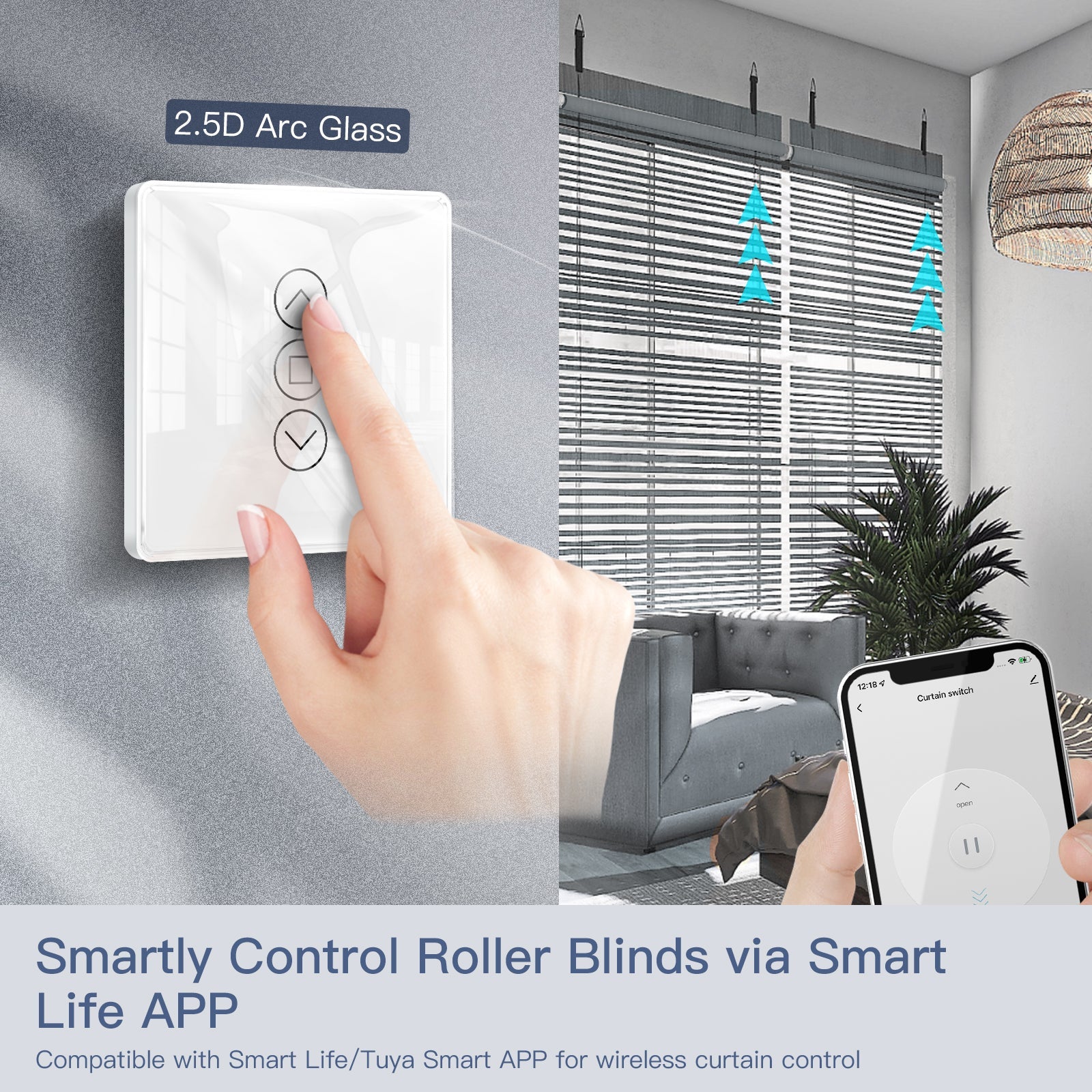 MOES WiFi Curtain Switch RF433 Smart 2.5D Arc Glass Touch Panel for Roller Blinds Shutters、mySite、fannypackpong