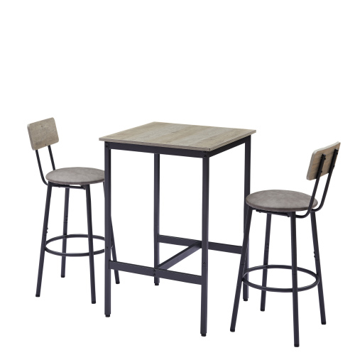 Bar Table Set with 2 Bar stools PU Soft seat with backrest, Grey, 23.62'' W x 23.62'' D x 35.43'' H、、casual