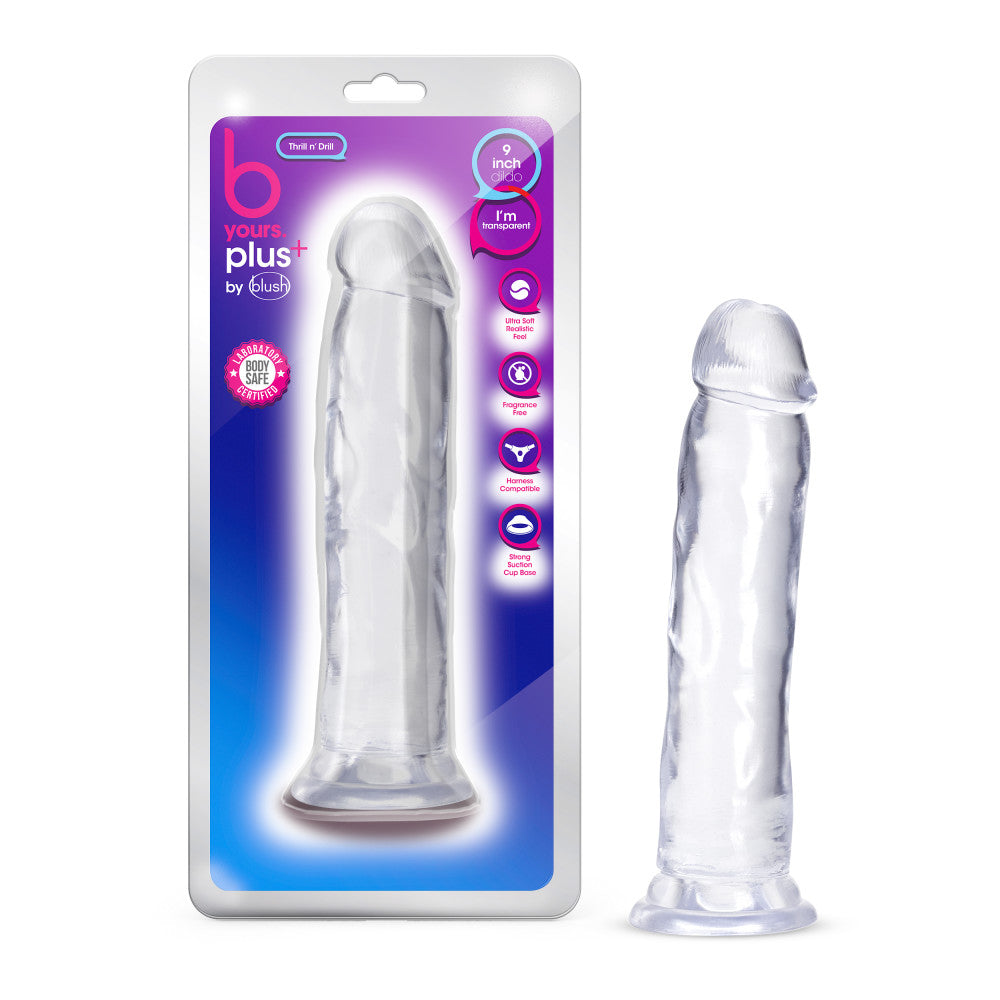 B Yours Plus By Blush® | Thrill N’ Drill Realistic Clear 9-Inch Long Dildo With Suction Cup Base、mySite、bottomscart