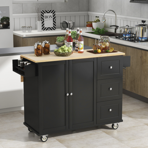 Rolling Mobile Kitchen Island with Solid Wood Top and Locking Wheels,52.7 Inch Width,Storage Cabinet and Drop Leaf Breakfast Bar,Spice Rack, Towel Rack & Drawer (Black)、、casual
