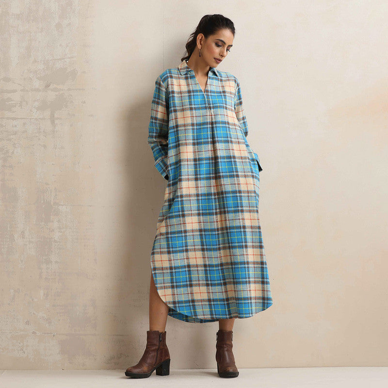 Cotton Dress For Women | Checkered Print | Shirt Collar | Beige & Blue、mySite、camillekostekn