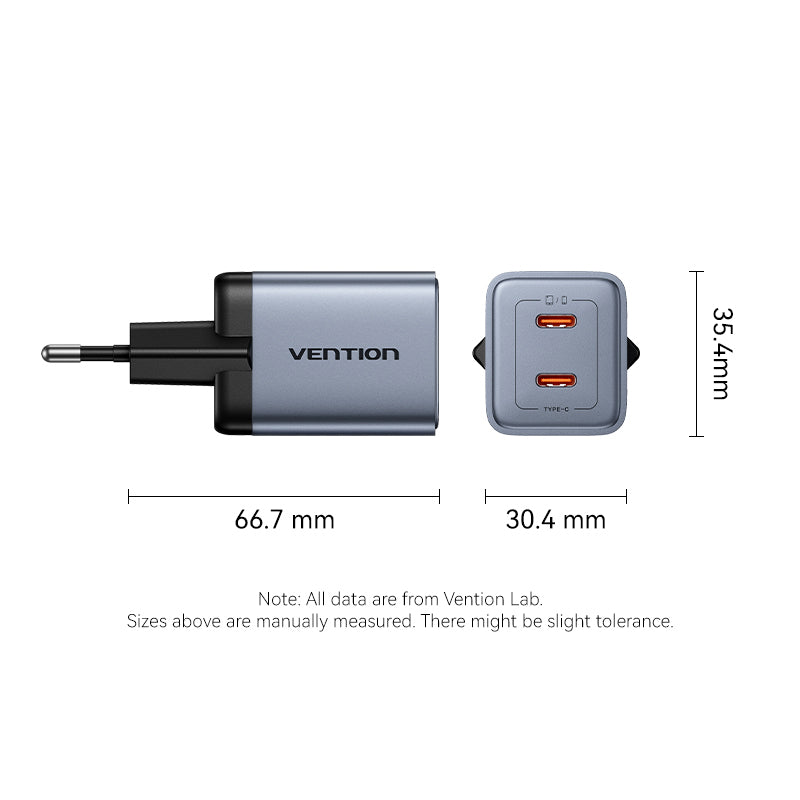 Vention 2-Port USB (C + C) GaN Charger (45W/45W) EU-Plug Gray、mySite、fannypackpong