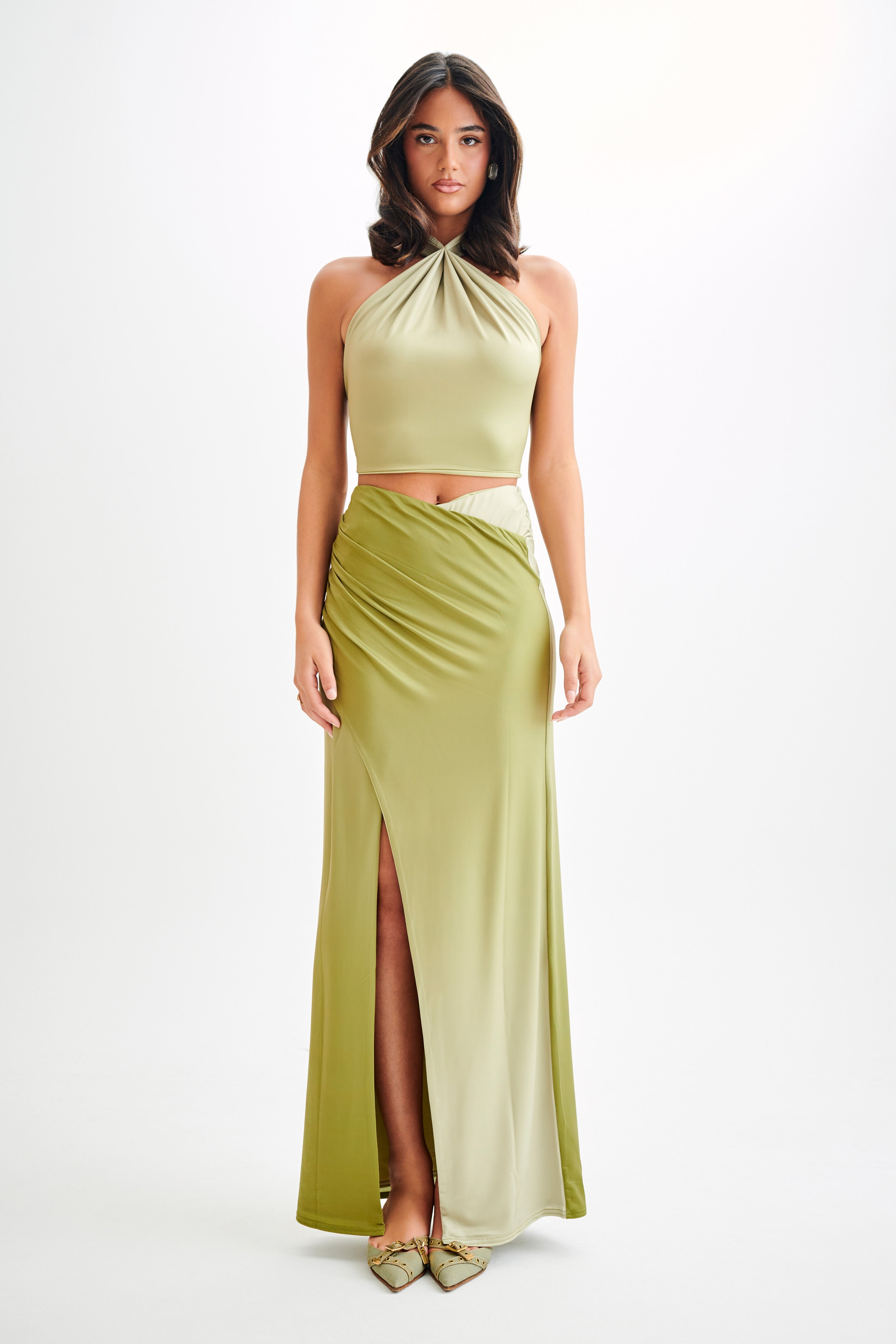 Bronwyn Slinky Ruched Maxi Skirt With Split - Ombre Vintage Olive、mySite、solidvoid