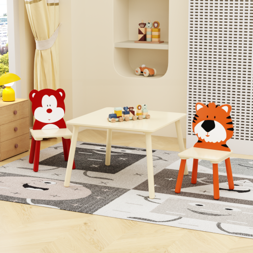 Kids Table and 2 Chairs Set, 3 Pieces Toddler Table and Chair Set, Wooden Activity Play Table Set (Lion&Monkey)、、casual