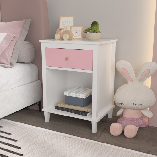 26.77''H Wooden Nightstand with One Drawer One Shelf for Kids, Adults, White+Golden handle、、casual