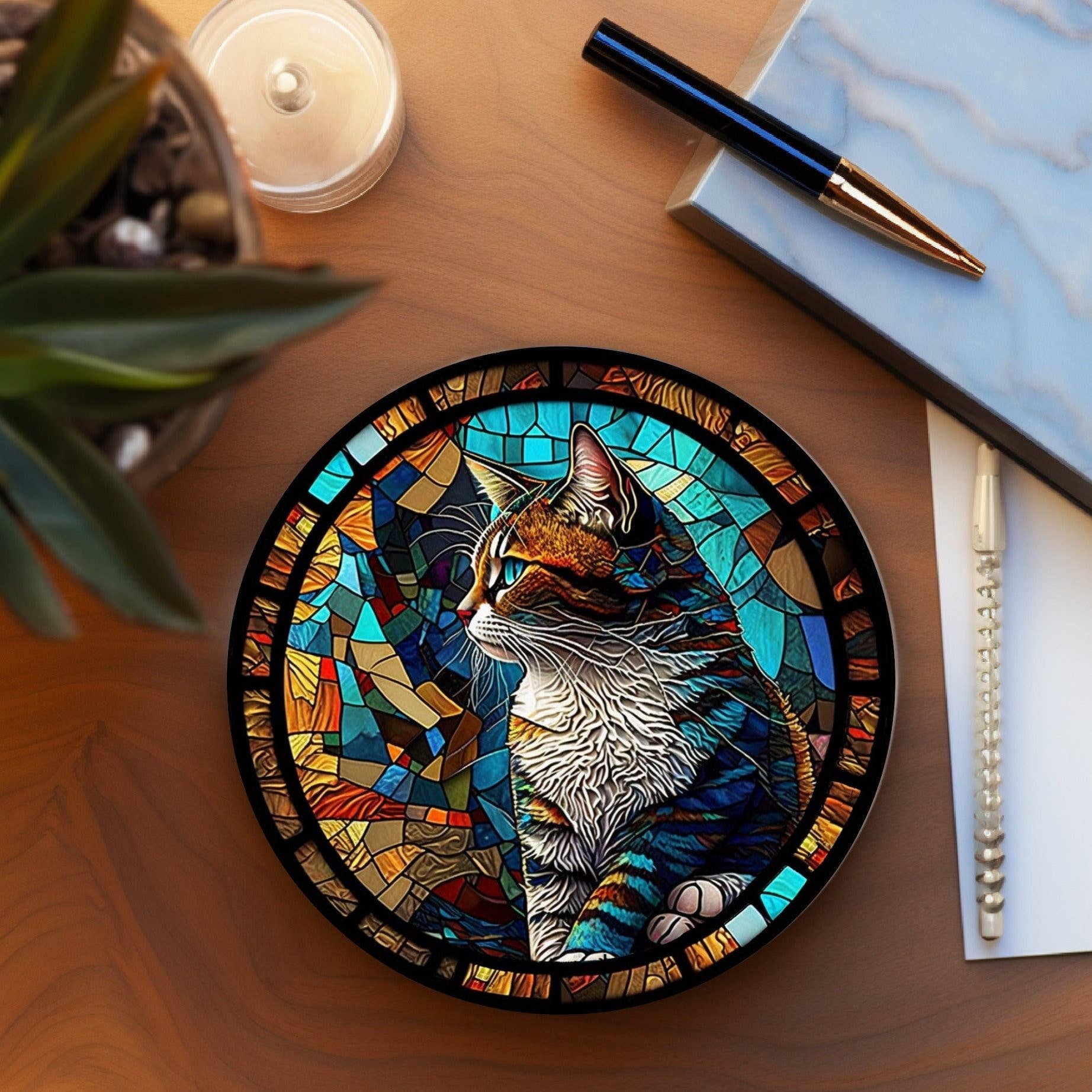 Cat Coaster with Stained Glass Motif, Eco-Friendly Ceramic、mySite、g9winljtr