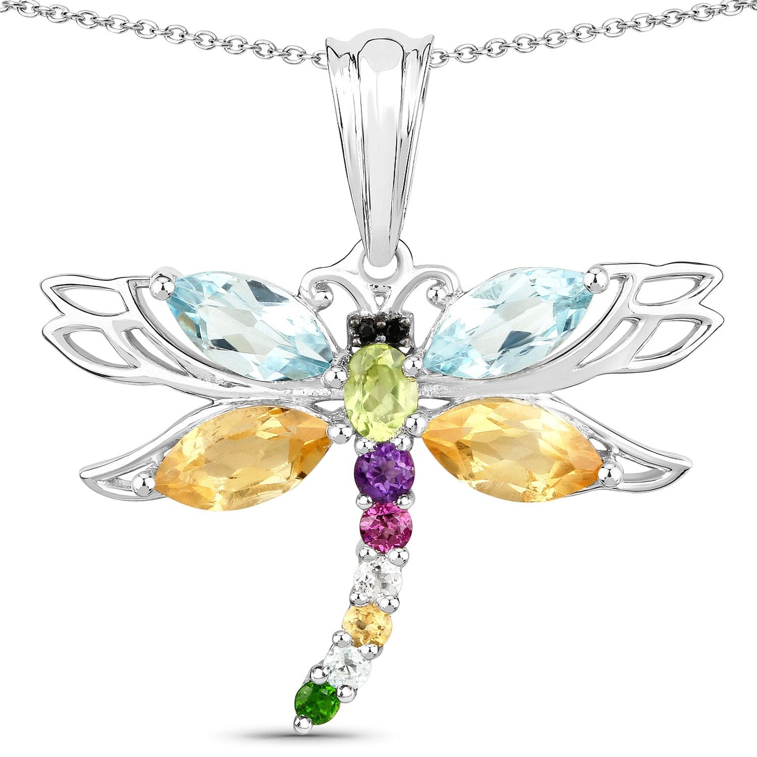 Dragonfly Necklace-Multi Colored Genuine Gemstone 2.88ctw in Sterling Silver、mySite、g9winljtr