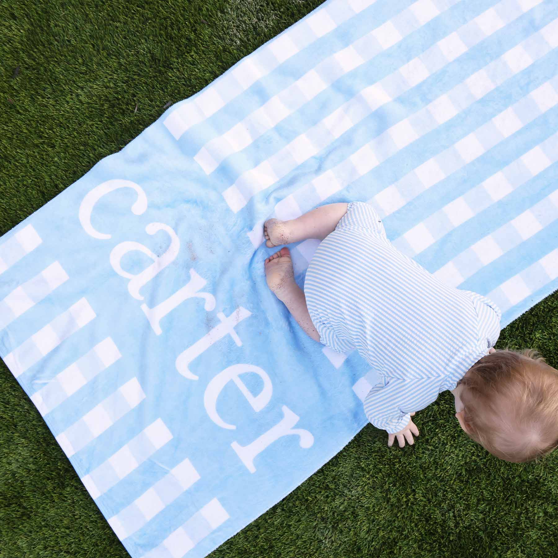  Blue Seersucker Personalized Kids Beach Towel、mySite、layawaytickets