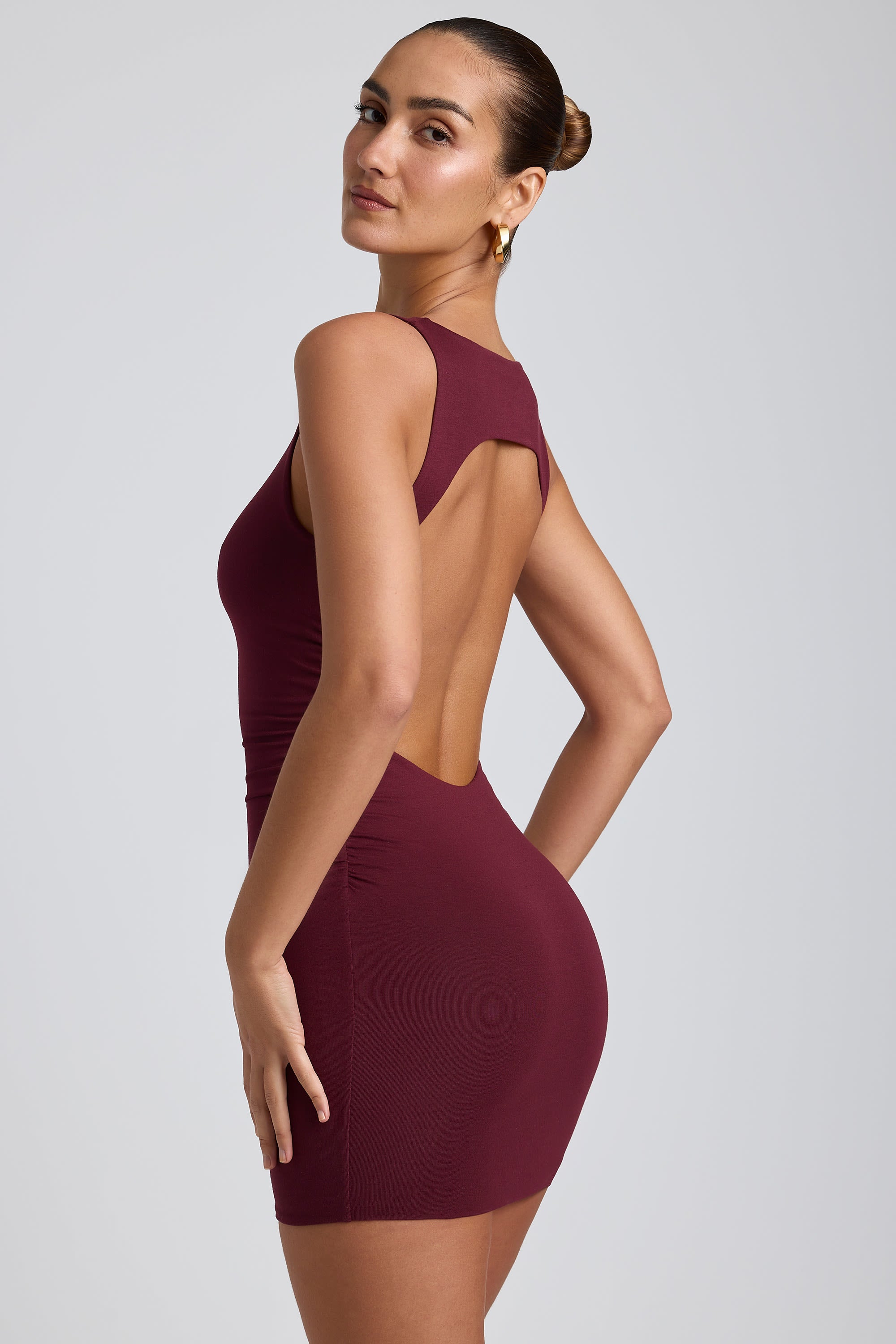 Modal High-Neck Open-Back Mini Dress in Plum、mySite、solidvoid