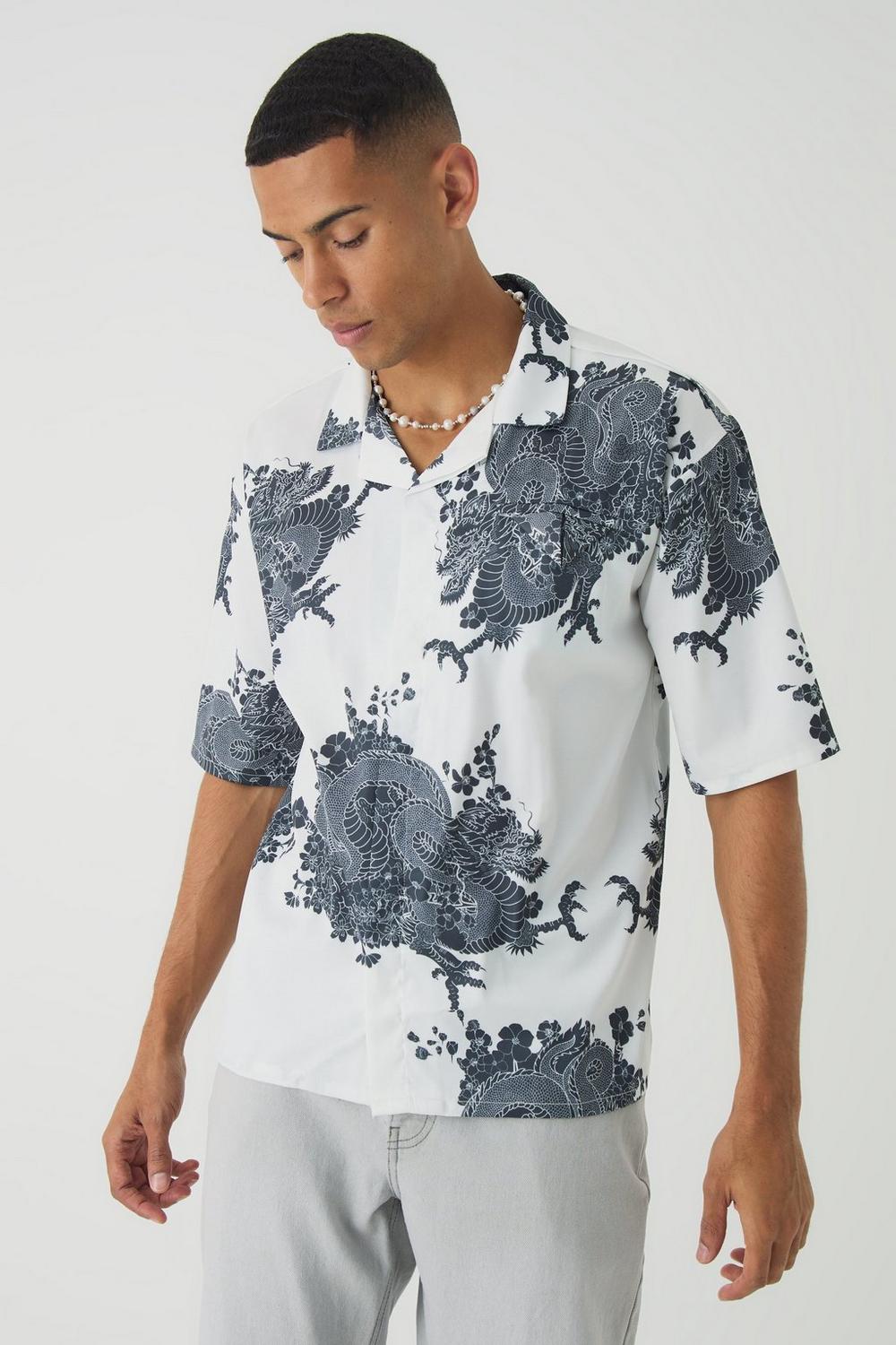  Boohooman Oversized Printed Satin Revere Triangle Pocket Shirt White、mySite、justintrudeaud
