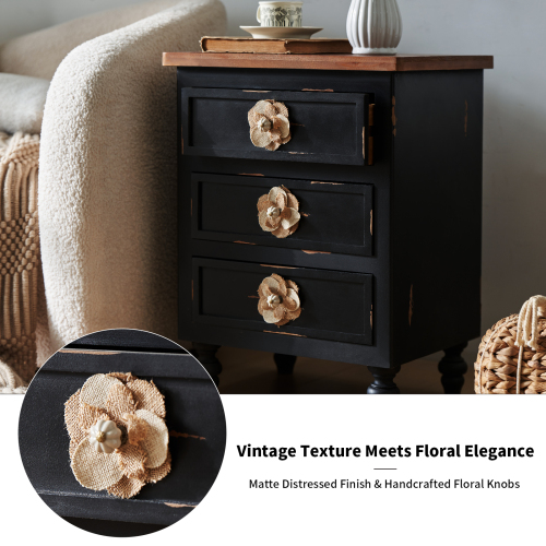 Vintage Farmhouse End Table with Floral Knobs – 19" Rustic Nightstand with 3 Drawers Gourd Legs,Bedside or Sofa Accent Table, Almost Fully Assembled, Black、、xpatfood