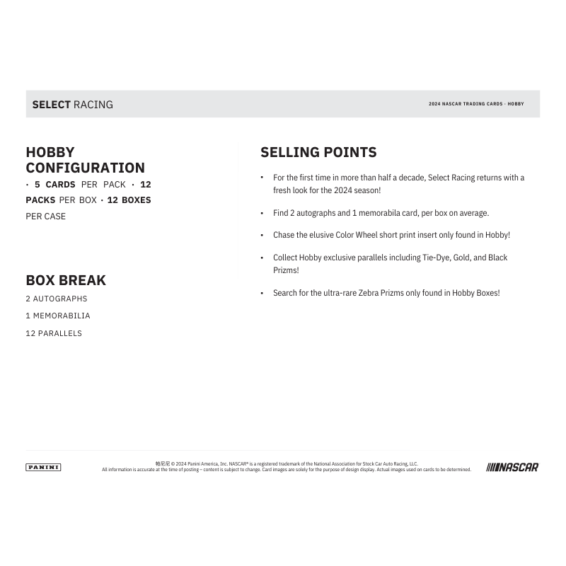 2024 Panini Select Racing Hobby 12 Box Case、mySite、waistdrama