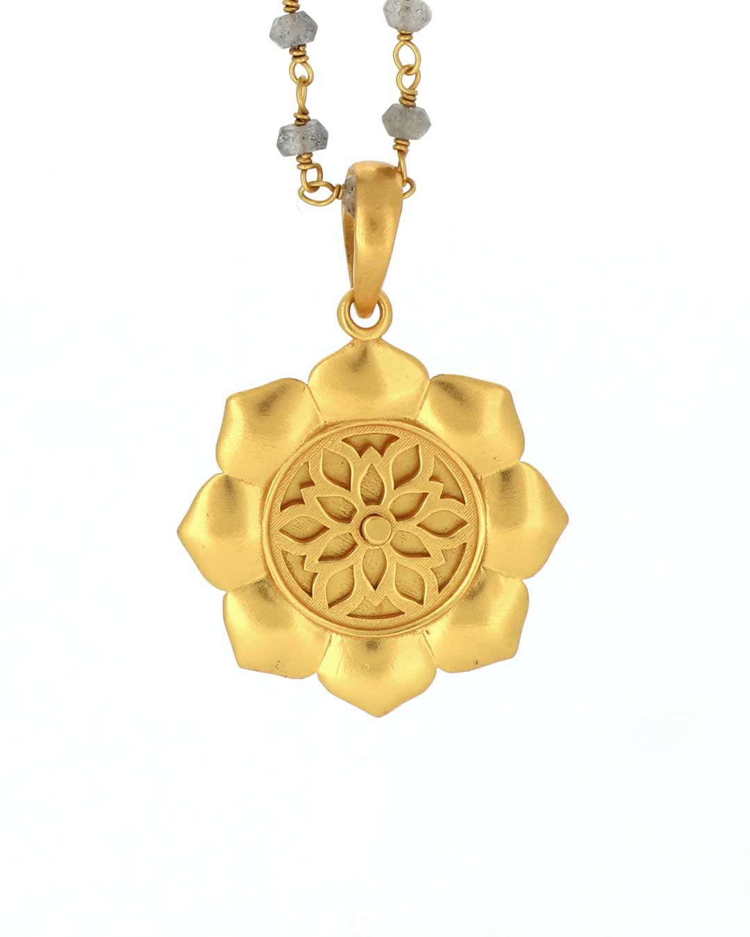 Gold-Plated Lotus Mandala Necklace with Moon Phases and Labradorite Gemstone – Celestial Design with Symbolic Sun, Stars & Lunar Petals、mySite、topwebapps