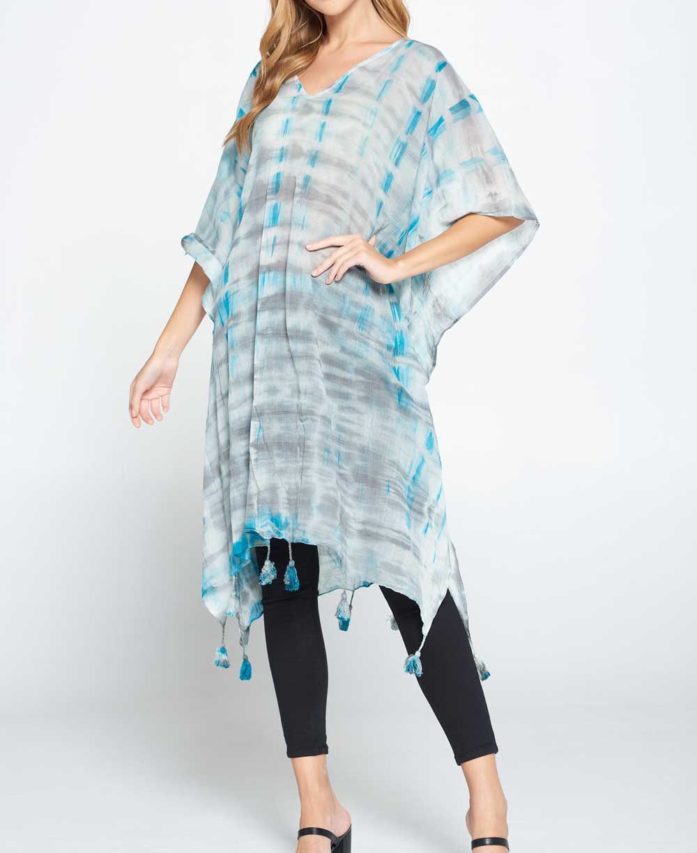 Tie and Dye Sheer Cotton Kaftan in Grey and Turquoise Tones、mySite、topwebapps