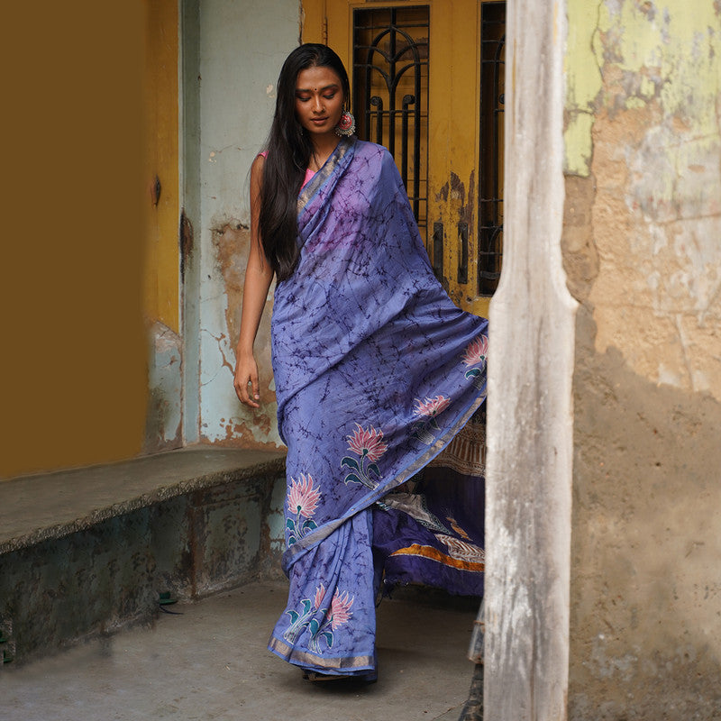 Maheshwari Cotton Silk Saree | Batik Print | Blue、mySite、camillekostekn