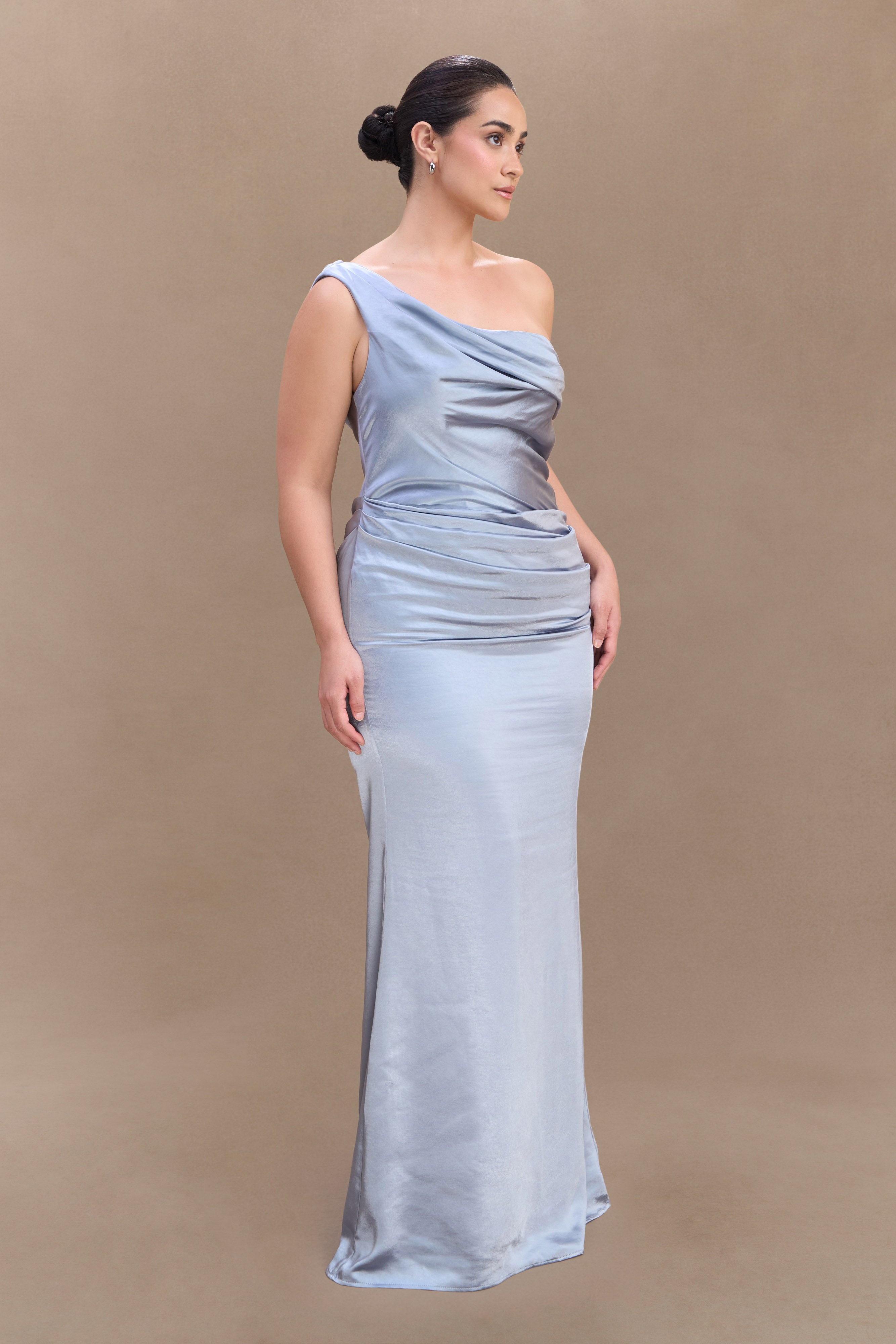 Dalia Off Shoulder Satin Maxi Dress - Frosted Blue、mySite、solidvoid