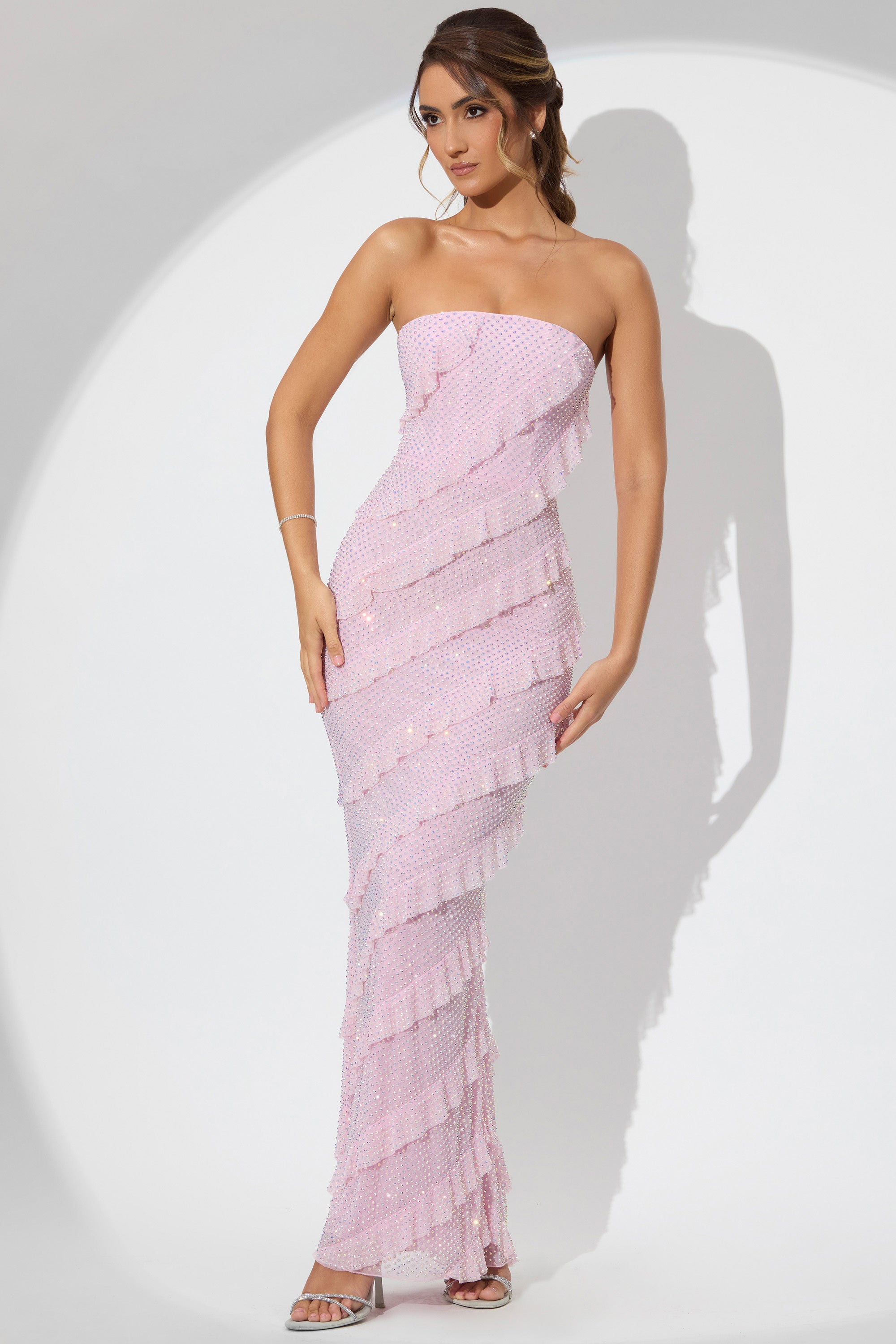 Embellished Strapless Ruffle Maxi Dress in Soft Pink、mySite、solidvoid