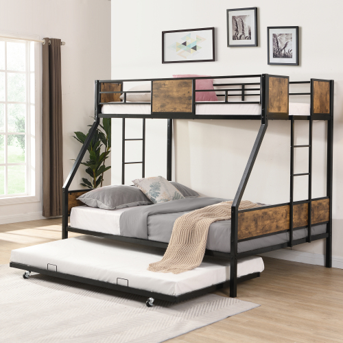 Twin Over FULL Metal Bunk Bed with 2 - Side Ladder and Full-Length Guardrail, No Box Spring Needed, Large Under Bed Storage, Easy Assemble , Black & Brown、、casual