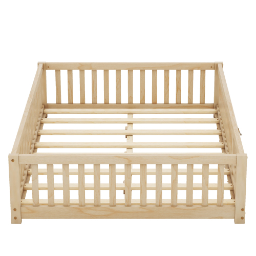 Twin Size Bed Floor Bed with Safety Guardrails and Door for Kids, Natural(Old SKU: W158090686)、、casual