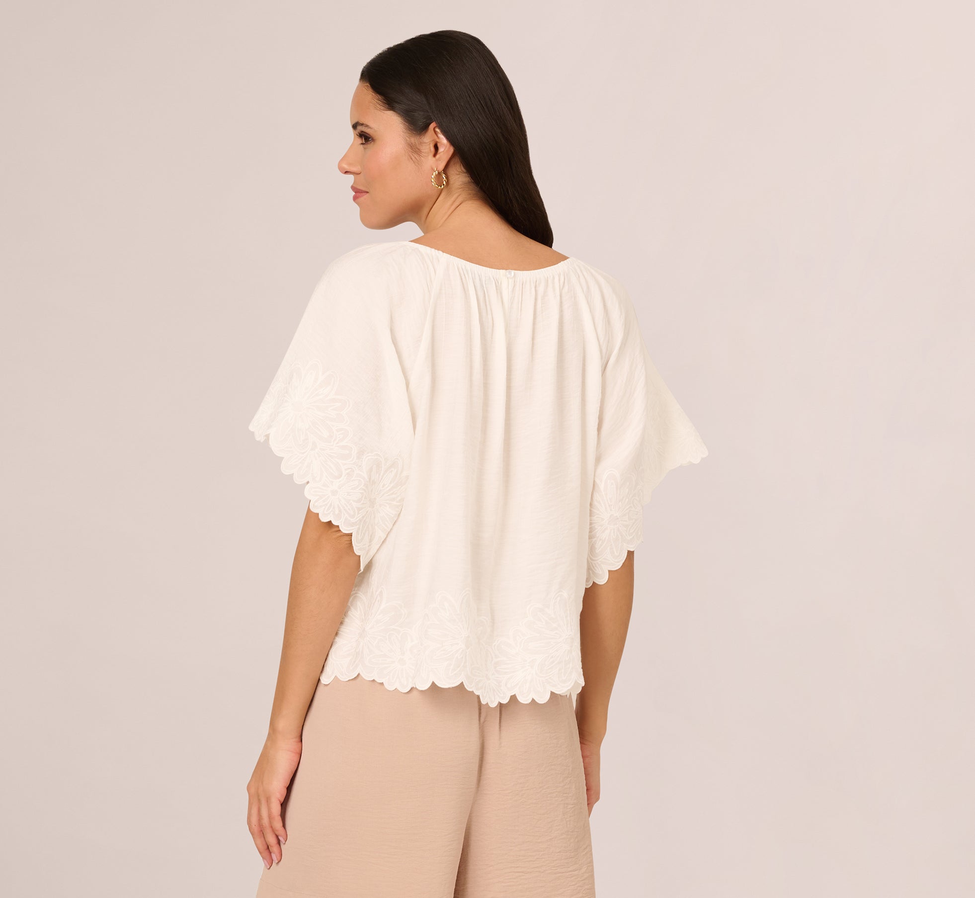 Short Sleeve Semisheer Scalloped Embroidery Top In Ivory、mySite、solidvoid