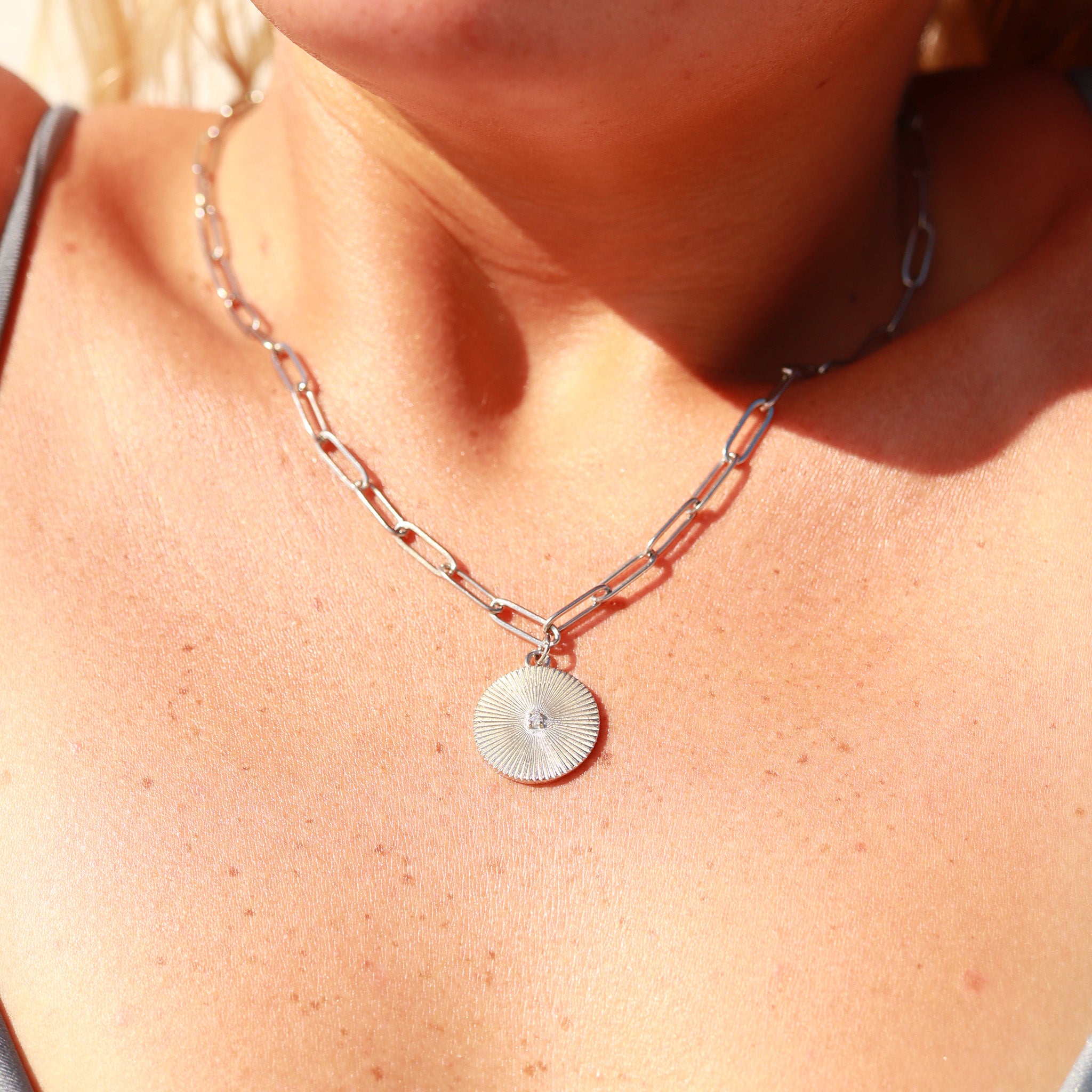 18K Gold PVD Stainless Steel Sunburst Medallion CZ Paperclip Necklace / CHN9967、mySite、dreamappss