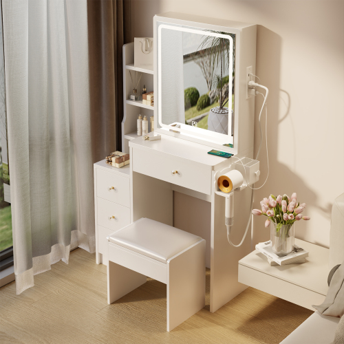 29.2" Small Size Left Bedside Cabinet Vanity Table + Cushioned Stool, Large Sliding, Touch Control, Tri-color Switching, Brightness Adjust LED Mirror, High Capacity Storage, Suitable for Small Space、、xpatfood