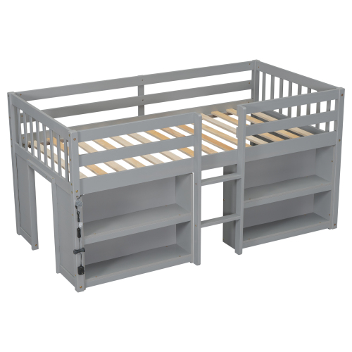 Twin Size Kid Low Loft Bed With Two-Tier Shelves And LED Light For White Color、、xpatfood