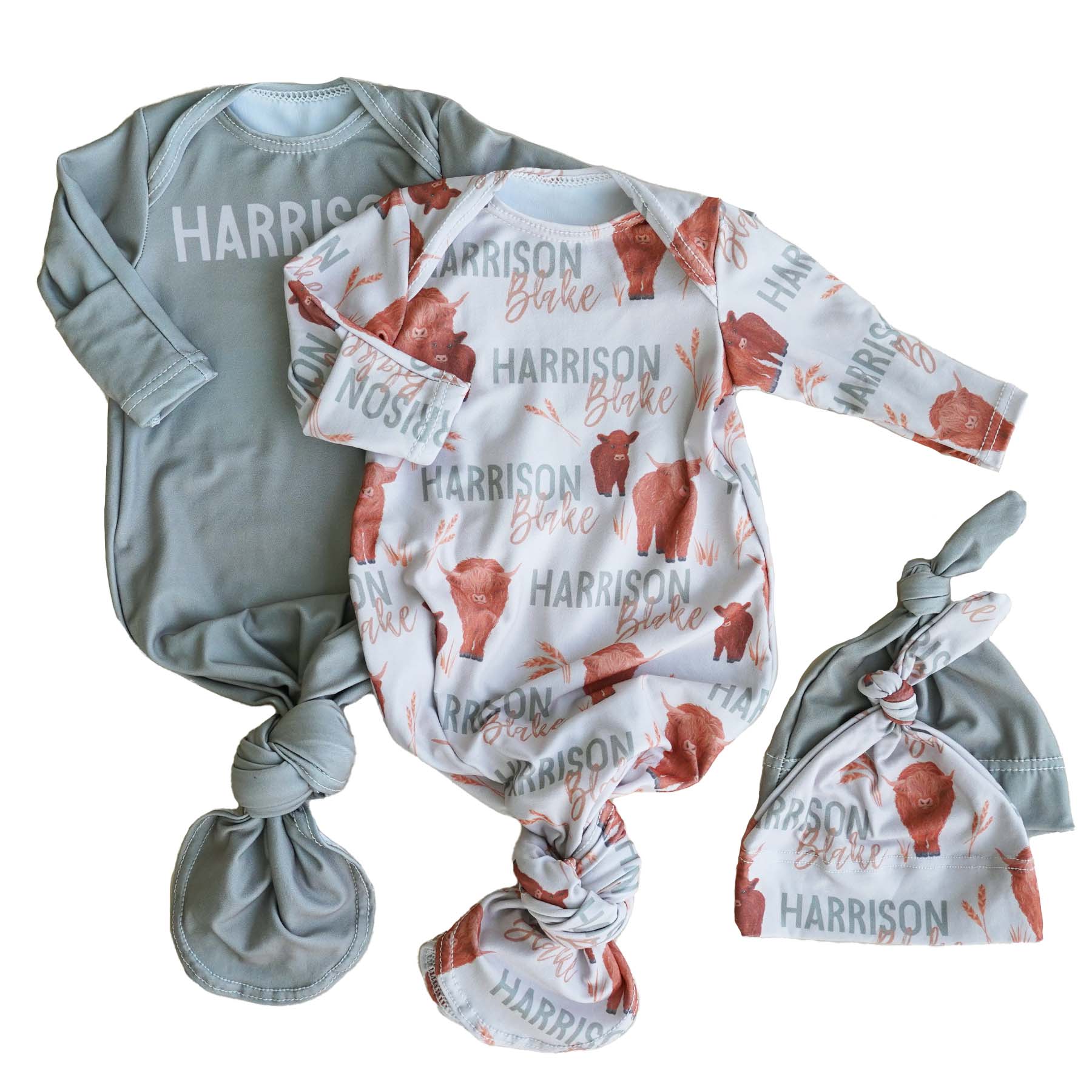  Happy Highland Cows Personalized Newborn Baby Knot Gown、mySite、layawaytickets