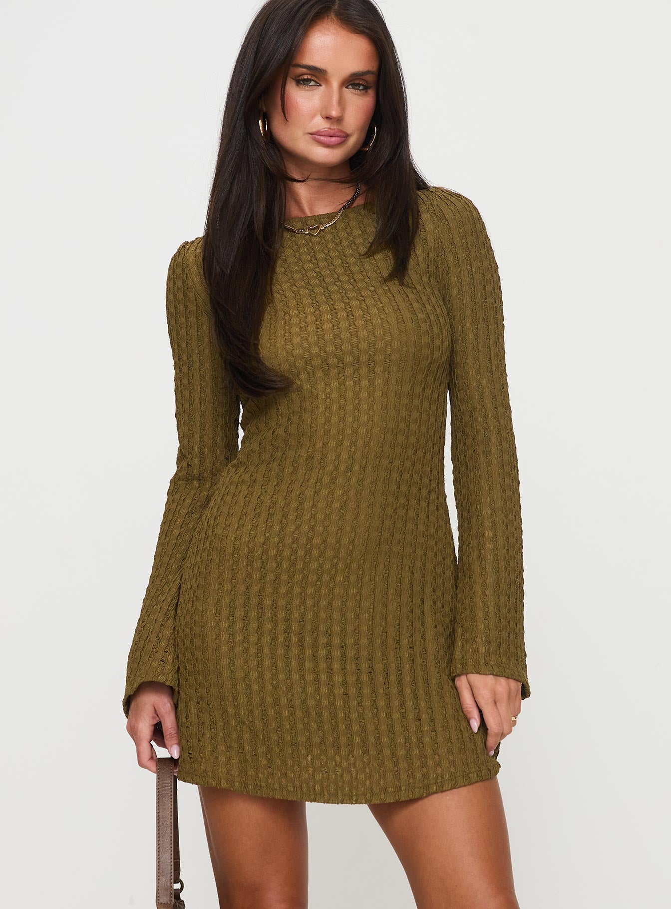 Lukea Long Sleeve Ribbed Mini Dress Olive、mySite、solidvoid