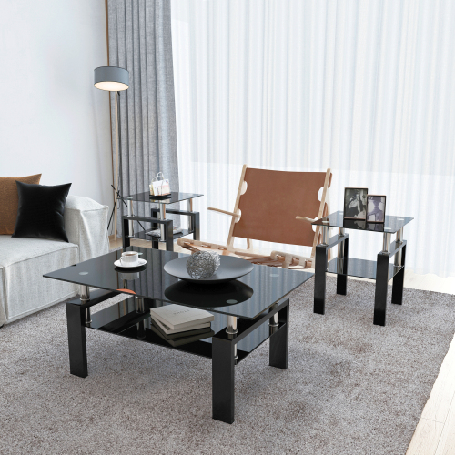 Set of 2, Modern Tempered Glass Tea Table Coffee Table End Table, Square Table for Living Room, Black、、casual