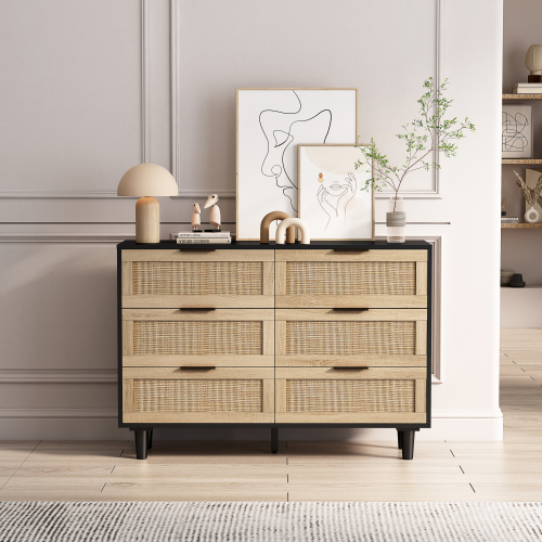 51.18"6-Drawers Rattan Storage Cabinet Rattan Drawer,for Bedroom,Living Room,Natural (Same SKU:W757P198980)、、casual