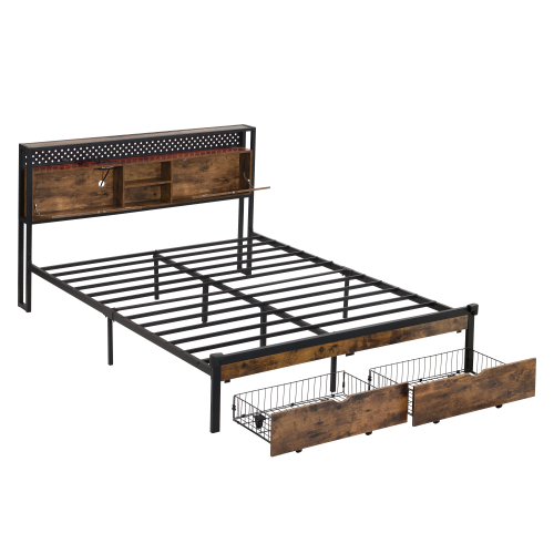 Full Size Metal Platform Bed Frame with Wooden Headboard and with Footboard USB,Charging Station,2 Drawers,storage, LED Lights, No Box Spring Needed, Easy Assemble、、casual