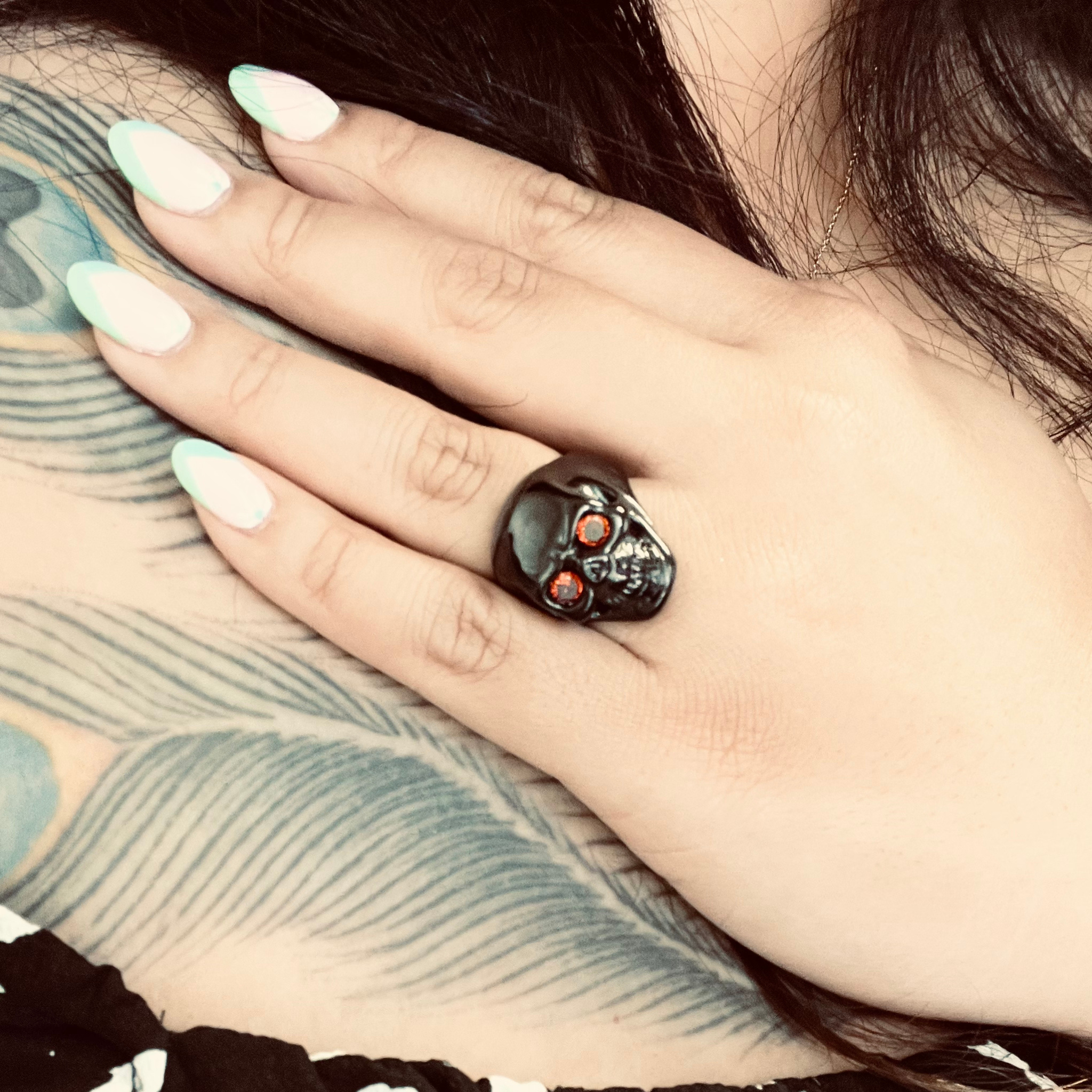 Stainless Steel Red CZ Eyed Black Skull Ring / SCR4065、mySite、dreamappss