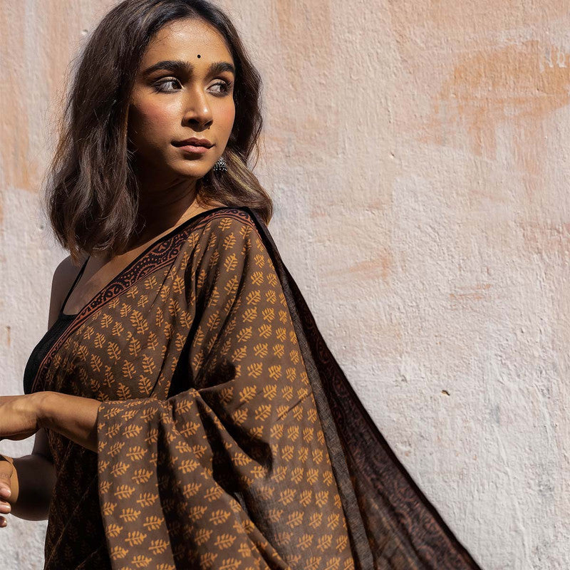 Handblock Floral Printed Chanderi Brown Saree、mySite、camillekostekn