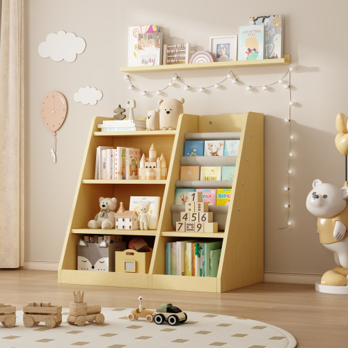 Wooden Toy Storage Organizer Cabinet Natural/ Wood Kids Bookshelf Children Bookcase Toddler Baby Sling Book Rack Shelf for Playroom Bedroom Nursery Hallway School Kindergarten Living room、、casual