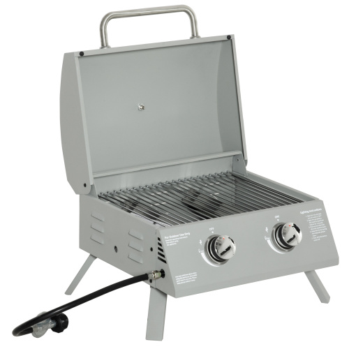 Outsunny 2 Burner Propane Gas Grill Outdoor Portable Tabletop BBQ with Foldable Legs, Lid, Thermometer for Camping, Picnic, Backyard, Light Grey、、eastwooduniform