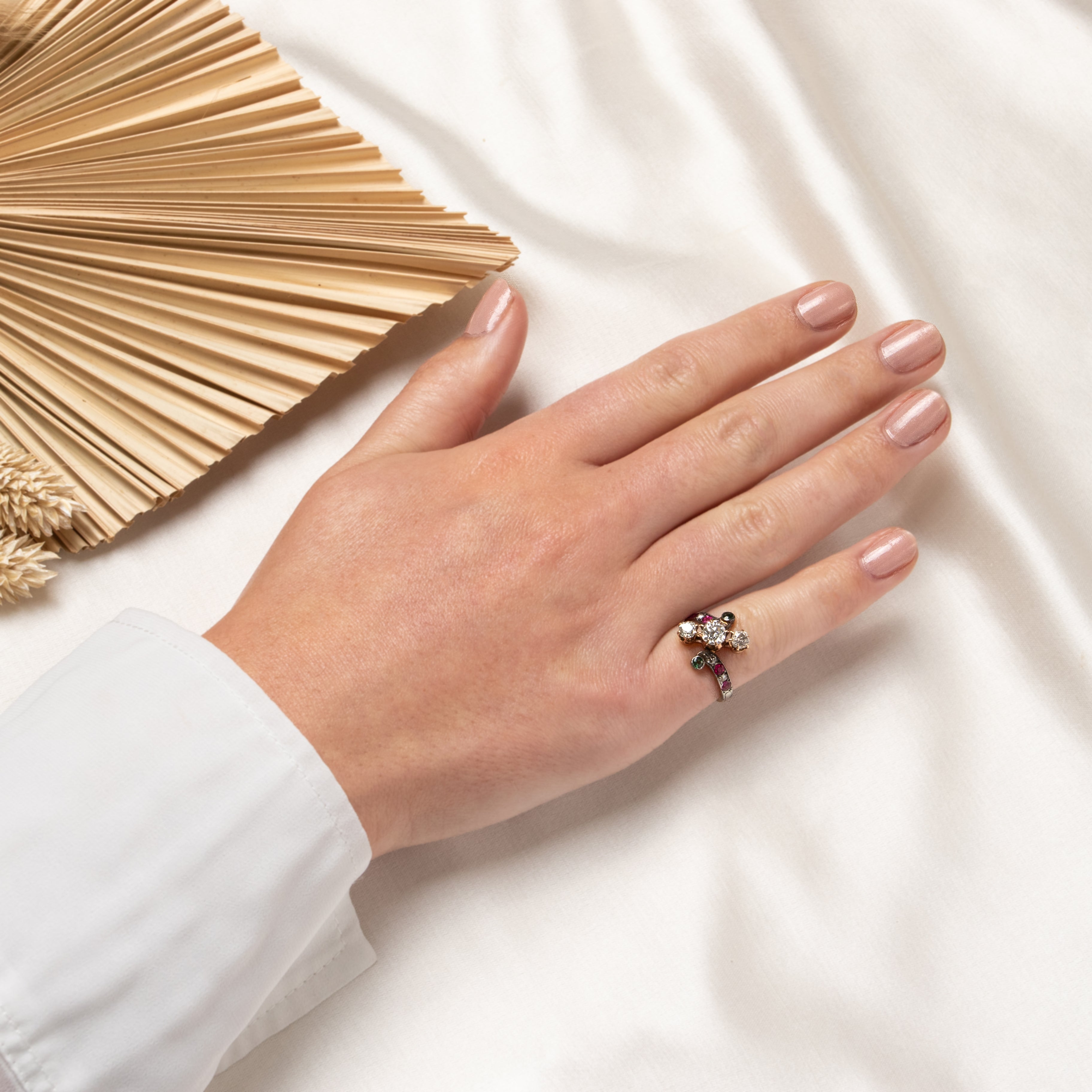 Victorian Antique 14k Gold Diamond 1cttw Syn Ruby Emerald Twist Ring 5、mySite、hinf8tx79