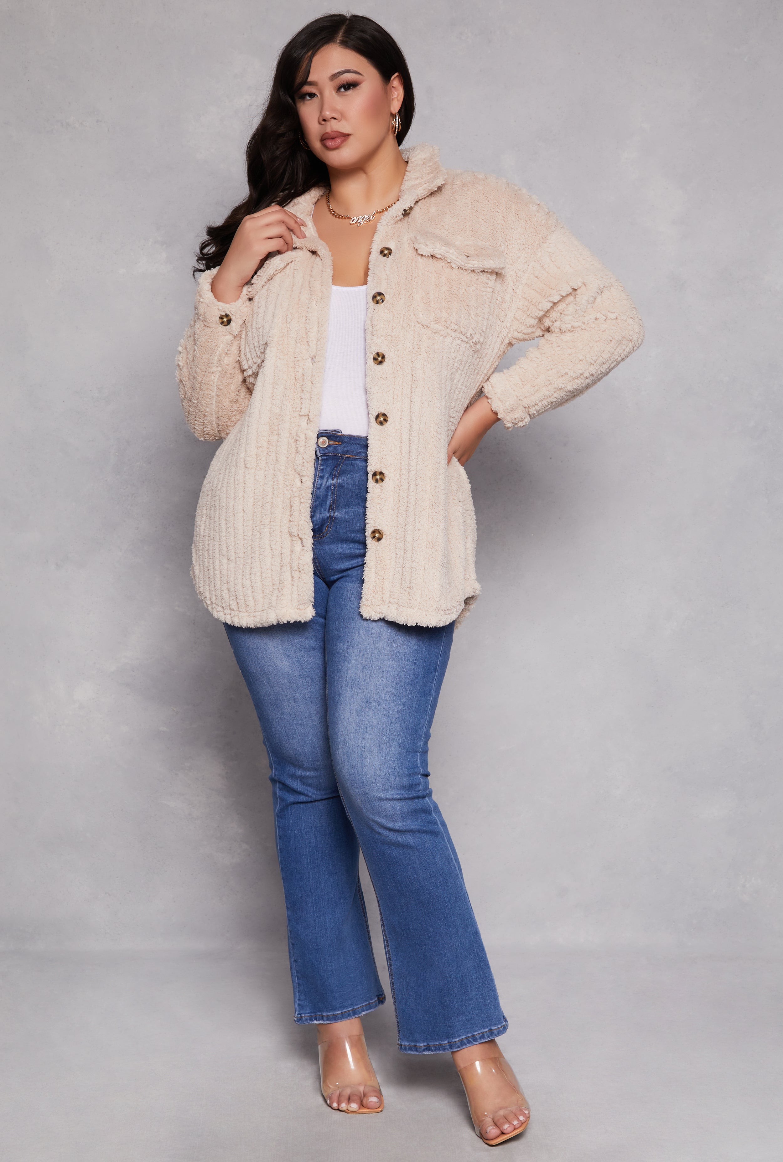 Plus Size Sherpa Button Front Shacket、mySite、camillekostekn