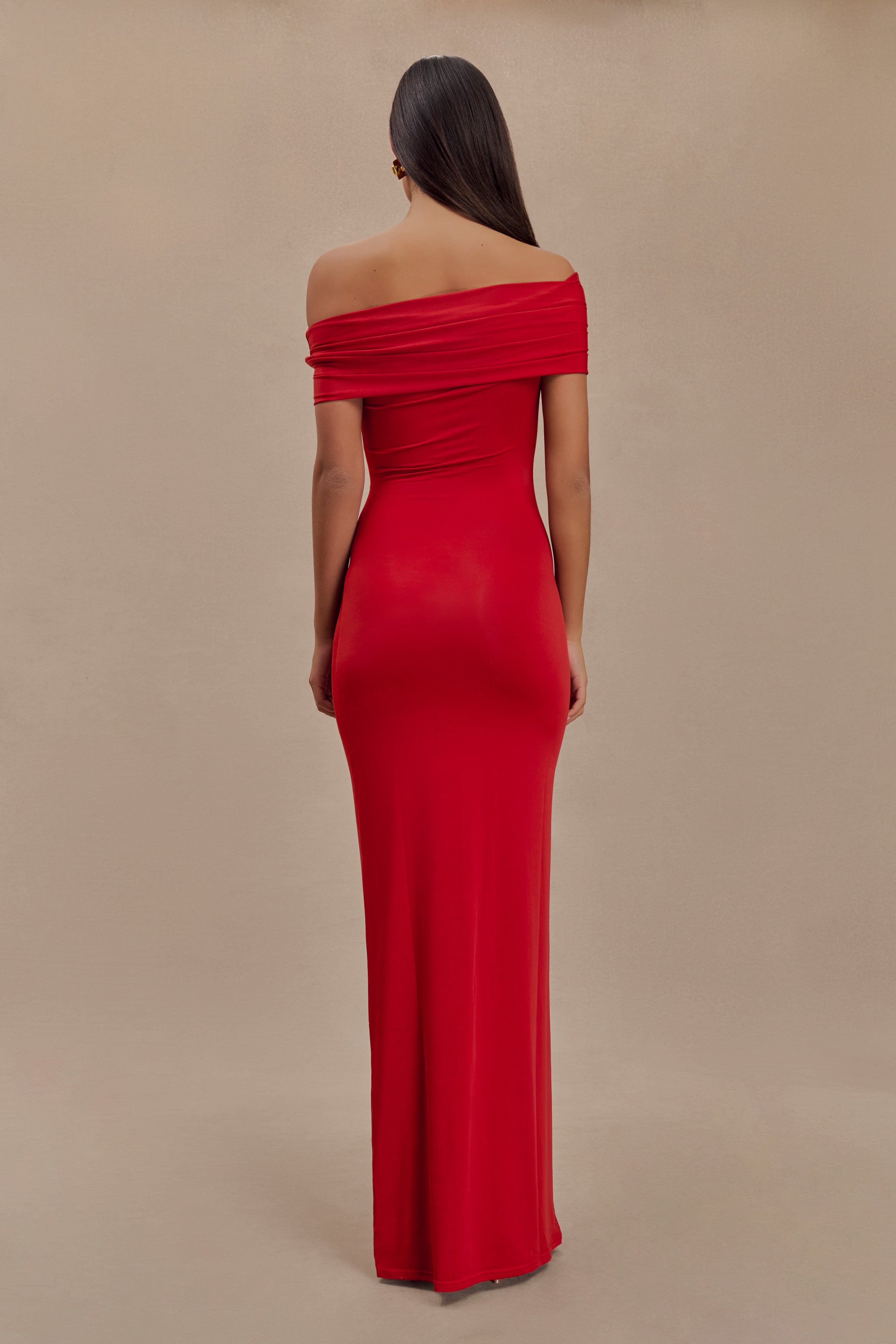 Cassandra Off Shoulder Slinky Maxi Dress - Red、mySite、solidvoid
