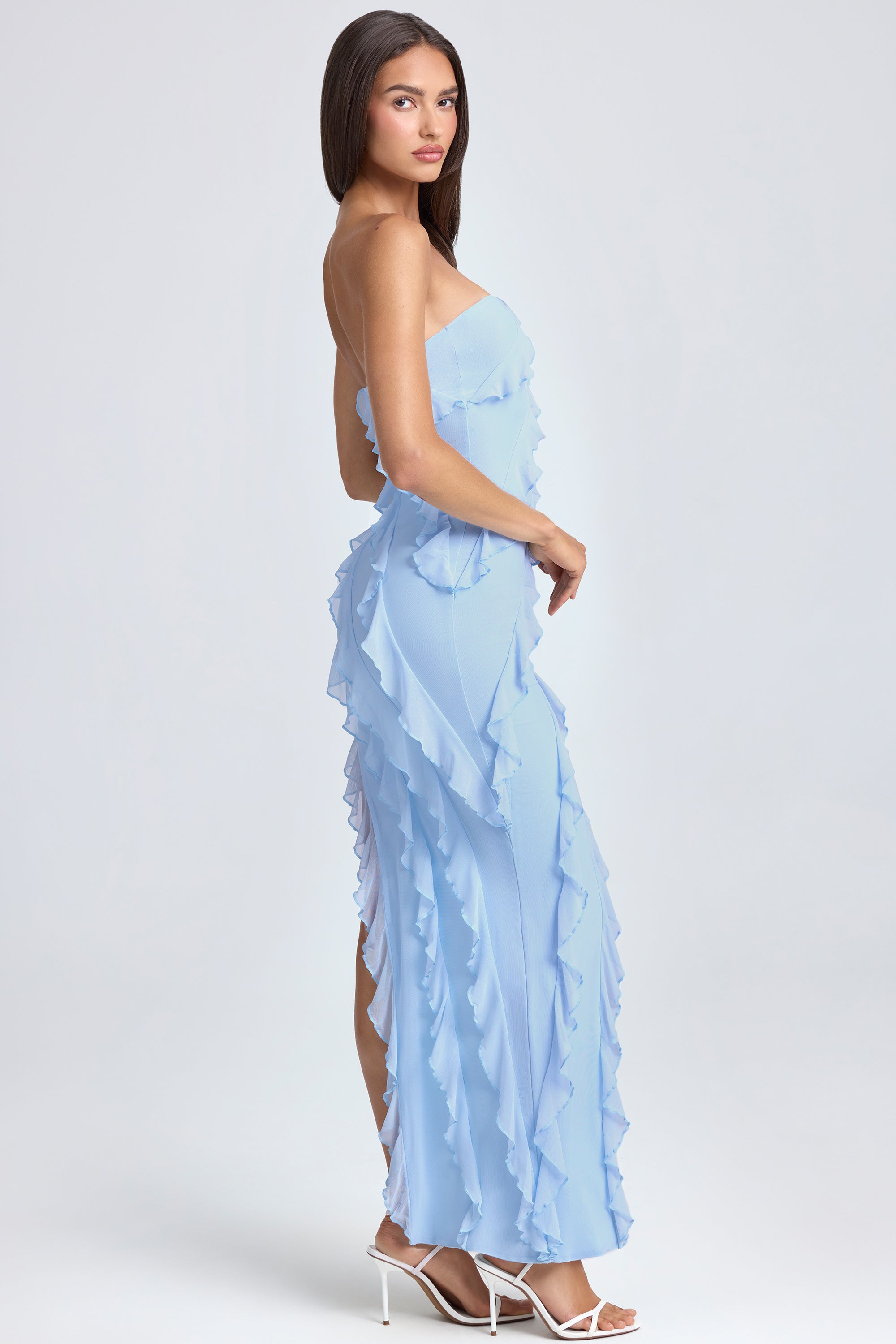 Bandeau Ruffle-Trim Maxi Dress in Powder Blue、mySite、solidvoid