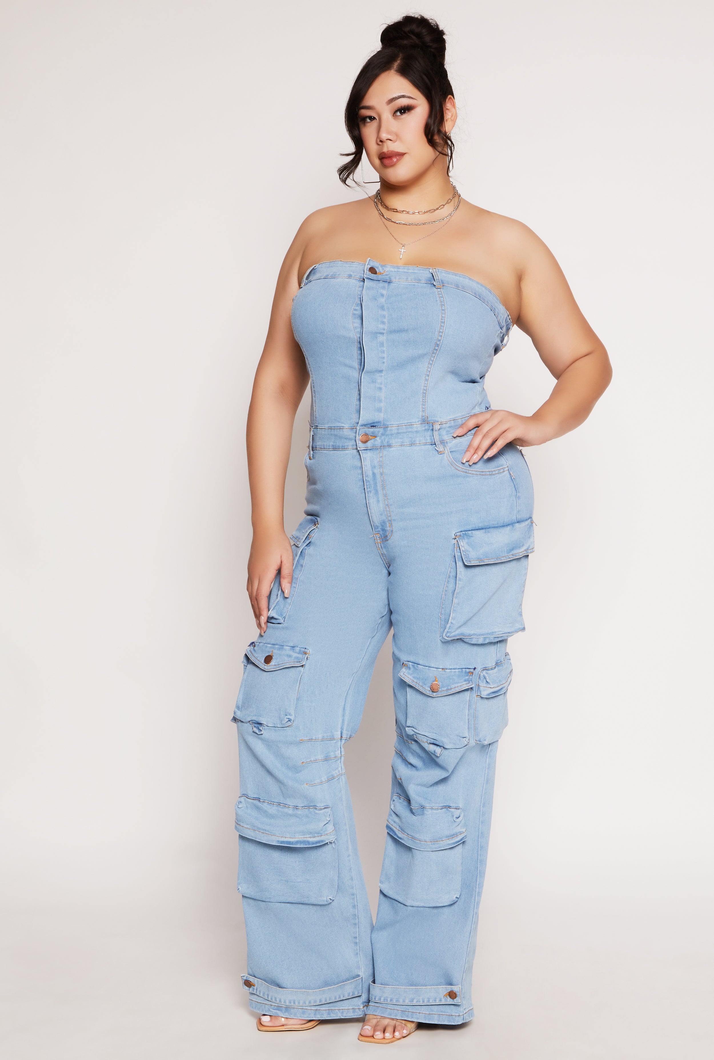 Plus Size Daisy Denim Strapless Utility Jumpsuit、mySite、camillekostekn