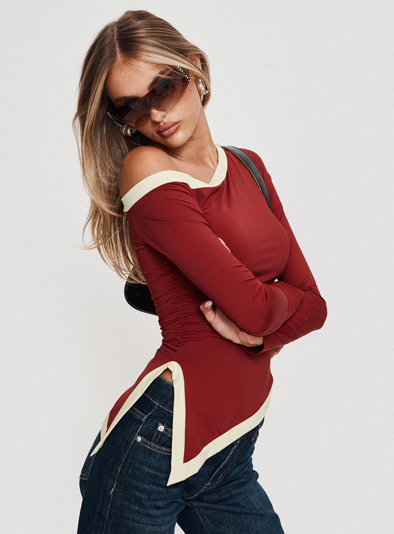 Fake Smile Long Sleeve Top Burgundy / Cream、mySite、solidvoid